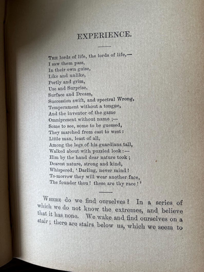 May include: A page from a book with the title "Experience." The page contains a poem about the lords of life and how they pass through life in their own ways. The poem also talks about the importance of nature and how it guides us through life.