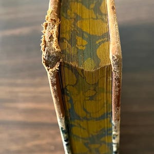 May include: Close-up of the spine of a vintage book with a marbled cover in shades of yellow and green. The book is bound in brown leather with a worn edge.