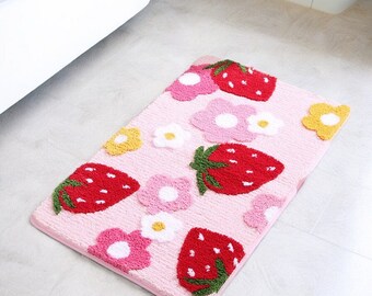 Tufted Strawberry Bathmat, Flower Bathroom Rug, Turkish Cotton Bath Rug, Bath Mat, Geometric Rectangle Mat For Home Decor, Bathroom Decor