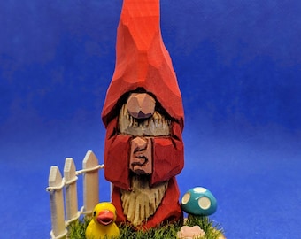 Hand wood carved and painted red wizard carving