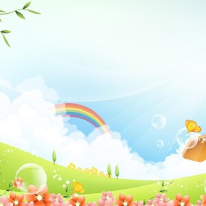 Cute Spring Rainbow  Flowers Backdrop ⋅ Bright Cheerful Cartoon Landscape with Butterflies, Bubbles for Photography, Events ⋅ Printed Vinyl