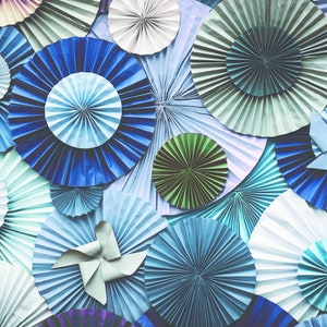 Blue Paper Fan Backdrop ⋅ Pinwheel Photography Background for Parties Events Celebrations ⋅ Decorative Paper Rosettes in Blue Green