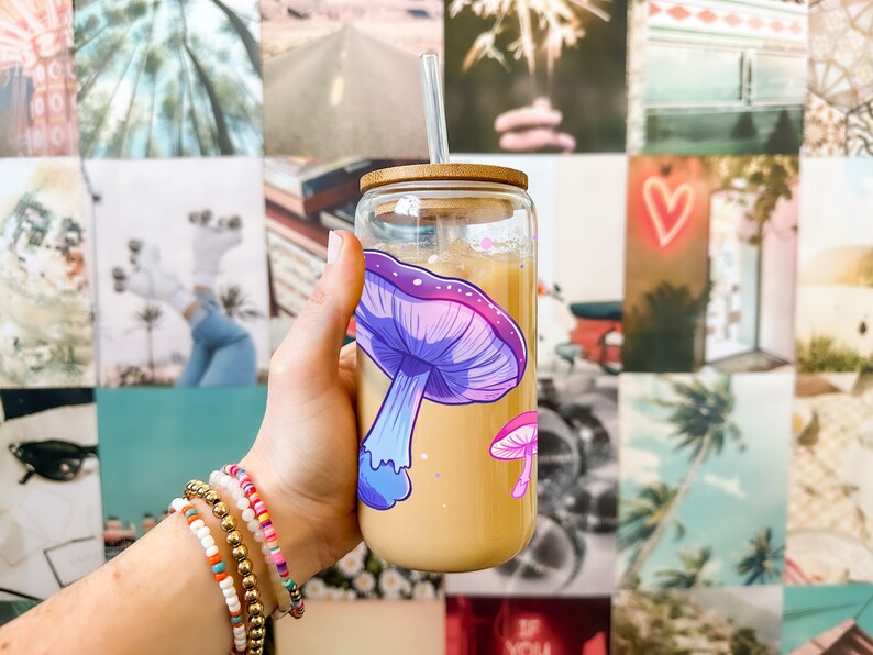 Vaporwave Retro-futuristic Mushroom, Glass Cup With Lid and Straw ...