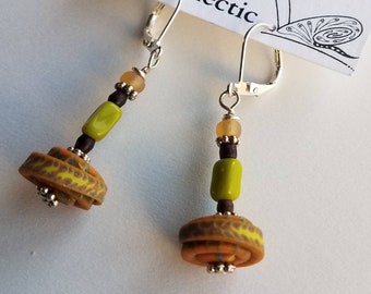 Orange and Green Stacker Bead Dangle Earrings - Polymer Clay Handmade Beads - OOAK Earrings