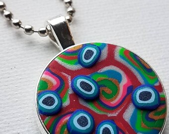 Polka Dot Polymer Clay Bezel Pendant with Ball Chain