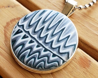 Zig-Zag Polymer Clay Round Pendant, Nickel Free Silver Bezel, Ball Chain, Sculpey Jewelry, Black White Gray, Made in Ohio