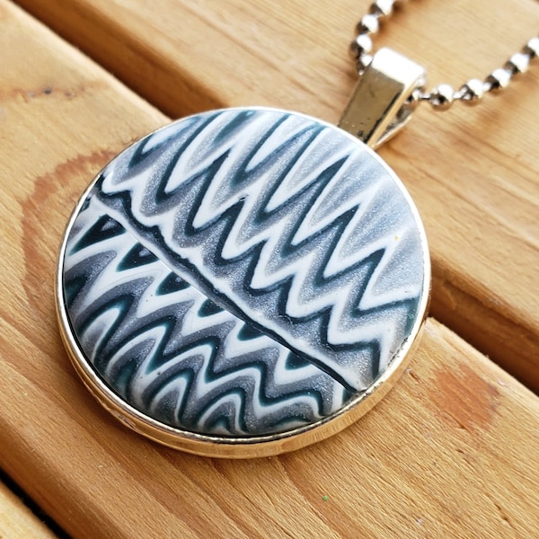 Zig-Zag Polymer Clay Round Pendant, Nickel Free Silver Bezel, Ball Chain, Sculpey Jewelry, Black White Gray, Made in Ohio