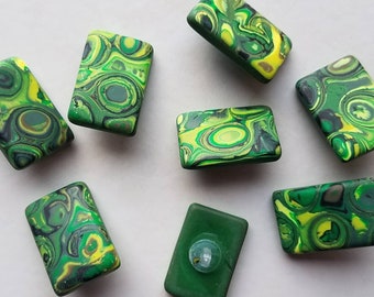 Set of 8 Arty Green Hand Made Shank Buttons, Small Batch Mokume Gane Polymer Clay Embellishment, Knit and Crochet Supplies, OOAK Buttons