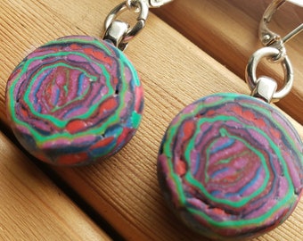 Red and Turquoise Jewel Toned Spiral Swirl Hand Made Polymer Clay Round Earrings, Nickel Free Lever Back Ear Wires, OOAK Clay Earrings