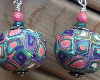 Purple, Green, Coral OOAK Dangle Earrings, Handmade Polymer Clay Beads, Nickel Free Leverback Ear Wires, Made in Ohio, Arty Jewelry