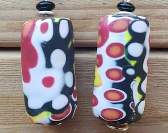 Arty Large Cylindrical Dangle Earrings, OOAK Hand Made Polymer Clay Beads Mokume Gane, Long Earrings, Nickel Free Leverbacks, Made in Ohio