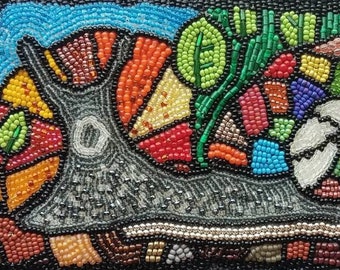 Snake and Snail Hand Beaded Wall Art, Bead Embroidered Animals, Reptile Amphibian Home Decor, Unframed Art. Kids Room Artwork