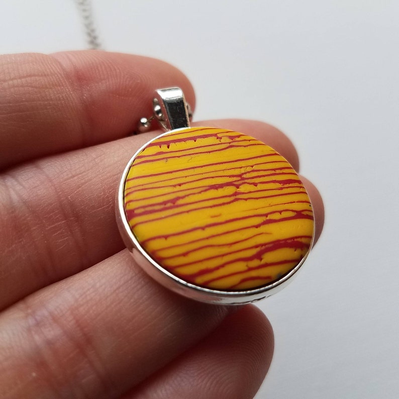 Deep Yellow and Red Handmade Polymer Clay Metal Pendant with Ball Chain