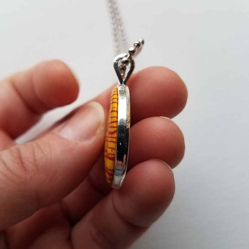 Deep Yellow and Red Handmade Polymer Clay Metal Pendant with Ball Chain