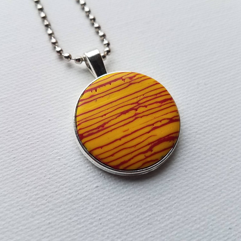 Deep Yellow and Red Handmade Polymer Clay Metal Pendant with Ball Chain