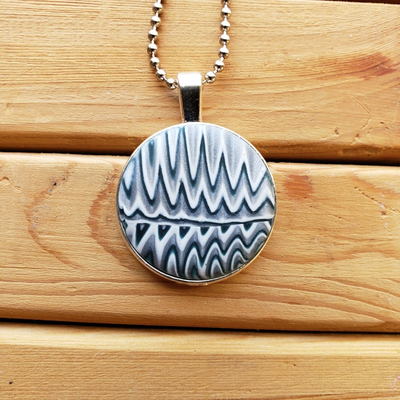 Zig-Zag Polymer Clay Round Pendant, Nickel Free Silver Bezel, Ball Chain, Sculpey Jewelry, Black White Gray, Made in Ohio image 2