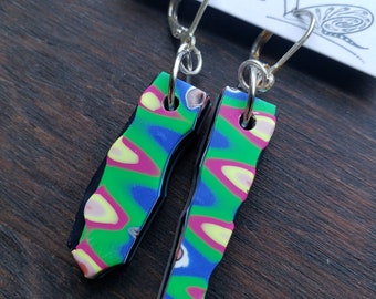 Scrappy Assymetrical, Reversible OOAK Dangle Earrings, Hand Made Mokume Gane, Polymer Clay, Nickel Free Leverback Ear Wires