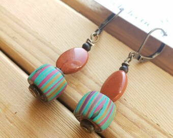 Casual Red Jasper and Turquoise Polymer Clay Handmade Earrings, OOAK Dangle Earrings, Sculpey Beads, Semiprecious Stone