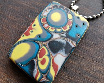 Abstract Arty Hand Made, Mokume Gane, Polymer Clay Pendant, Necklace with Optional Ball Chain, Smooth Edges