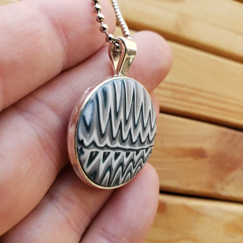 Zig-Zag Polymer Clay Round Pendant, Nickel Free Silver Bezel, Ball Chain, Sculpey Jewelry, Black White Gray, Made in Ohio image 3