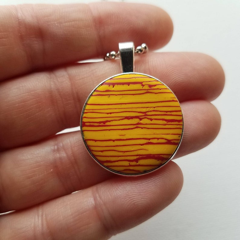 Deep Yellow and Red Handmade Polymer Clay Metal Pendant with Ball Chain