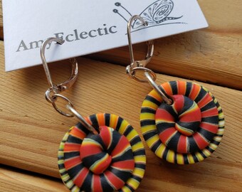 Hot Summer Swirly Dangle Earrings, OOAK Hand Made Polymer Clay Beads, Nickel Free Leverback Earwires, Made in Ohio Studio Artist Jewelry