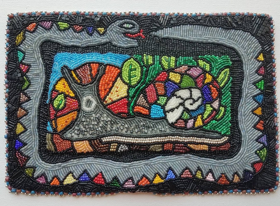 Snake and Snail Hand Beaded Wall Art, Bead Embroidered Animals, Reptile ... - Hand Beaded Wall Decor With Beads