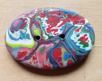 Psychedelic Mess Large Oval Hand Made Focal Button, Mokume Gane Polymer Clay, Knitting, Crochet, Sewing Supply, OOAK Art Button