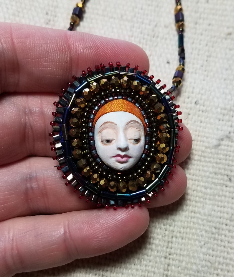 Painted Polymer Clay Handmade Beaded Face Necklace Secret Keeper Seed Beads -Collaboration