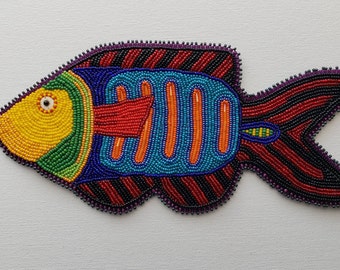 Bead Embroidered Fish Patch, Colorful Fish Wall Art, Ocean Theme Decor, Seed Bead Embroidery, OOAK Fish Decor, Fish Art Embroidery Patch