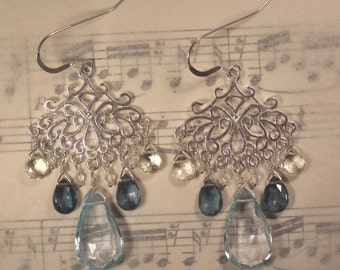 Gia - Blue topaz, lemon quartz, and crystal quartz earrings