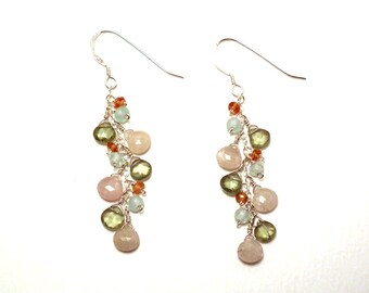 Sidonie - White sapphire, green apatite, blue calcite, and orange sapphire earrings