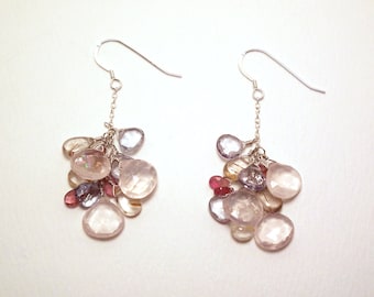 Maurella - Rose quartz, golden rutile quartz, grey topaz, and pink tourmaline earrings