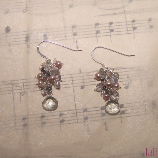 Ophelie - Green amethyst, iolite, grey topaz, crystal quartz, aquamarine, champagne cz, and pearl earrings