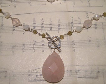 Elspeth - Rose quartz, smoky quartz, green garnet, and mother of pearl necklace