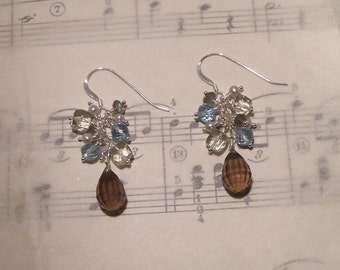 Soraya - Smoky quartz, green amethyst, blue topaz, labradorite, and pearl earrings