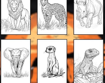 May include: A set of 10 black and white line art coloring pages featuring various animals, including a lion, leopard, rhinoceros, elephant, meerkat, and lizard.  60 Fun Unique Designs! is written at the bottom of the image.