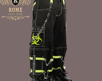 Men's Gothic Threads Reflective Pant Black Punk Buckle Zips Chain Strap Punk Trousers with understated Gothic Pants,Biohazard zip off Pant