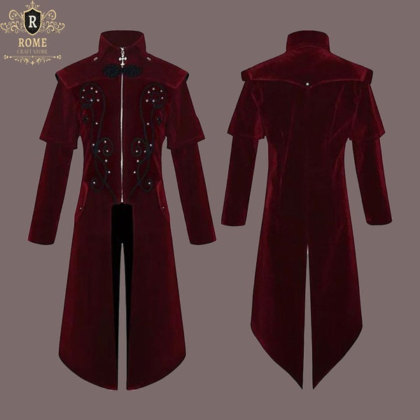 Mens Gothic Velvet Coat Long Military Vintage Fashion Jacket Three Color Steampunk VTG Regency Highwayman Trench-Handmade