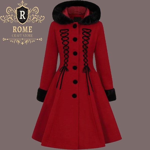 Amaya Coat Red-black Elegance,women Wool Ladies Gothic Military Uniform Long Coat  Steampunk Jackets, Ladies fashion long coat,Handmade