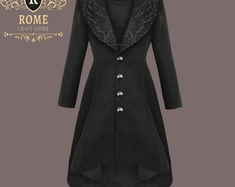 Cappotto lungo gotico, cappotto gotico per donne, cappotto vittoriano medievale, giacca scorpione da donna, fiocco con fiocco in pizzo, soprabito a maniche lunghe floccato