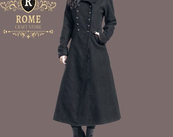 Duna Army Coat The Ultimate Black Gothic Statement,Women Wool Ladies Gothic Long Coat Steampunk Jackets, Ladies fashion long coat, Handmade