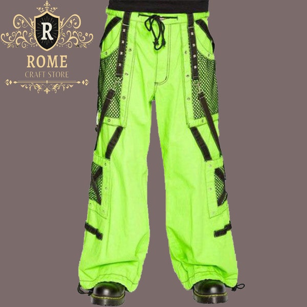 Men Gothic Trouser Parrot Green Cyber Punk Trouser Threads Trouser Gothic Tripp pants,Green Wide Leg Net Cargo Pants-Handmade