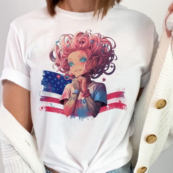 Patriotic Anime Girl T-Shirt USA Flag Colors, Liberty Inspired, Casual Tee, Unique Election Apparel, American Spirit, Patriotic, America