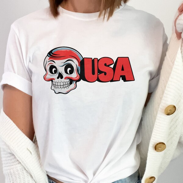 Patriotic USA Skull T-Shirt, America First, 4th of July Celebration Tee, Independence Day Apparel, Unisex Adult Clothing