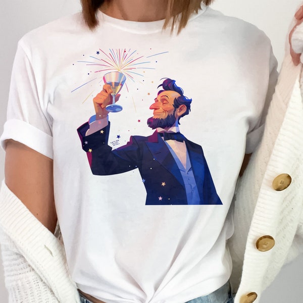 Vibrant Celebration Graphic T-Shirt, Toasting Abraham Lincoln with Sparkler, Unique Gift Idea, 4th of July, Independence Day