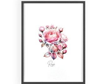 Rose Flower Wall Art, light Wood Frame Poster Print, Gift for Birthday, Mother's Day, Grandmother Gift