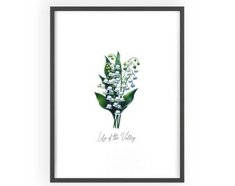 Lily of the Valley Wall Art, light Wood Frame Poster Print, Gift for Birthday, Mother's Day, Grandmother Garden Personalized Nursery.