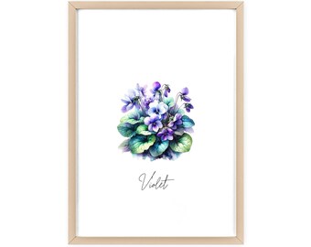 Violet Wall Art, light Wood Frame Poster Print, Gift for Birthday, Mother's Day, Grandmother Garden Personalized Nursery