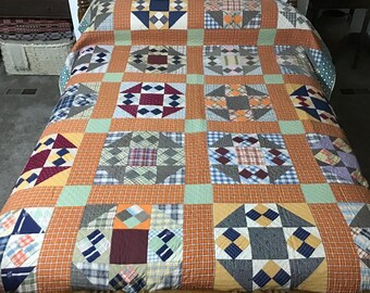 Vintage Geometric Quilt: Colorful Farmhouse Decor (76” x 82”)